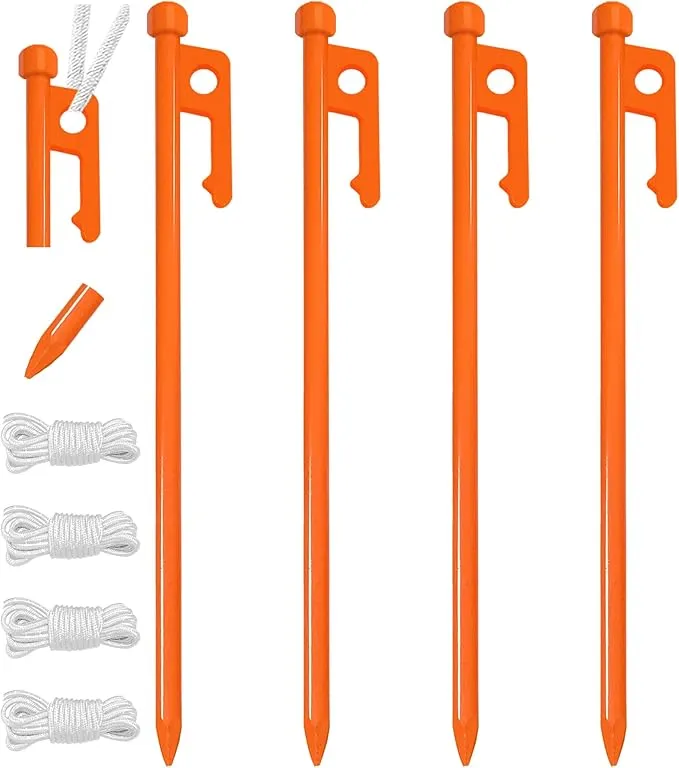 Eurmax USA 10 inch Multiuse Heavy Duty Steel Tent Stakes Tarp Pegs Camping Stakes for Outdoor Camping Canopy and tarp with 4 Ropes 10FT Length,4pcs(Orange)