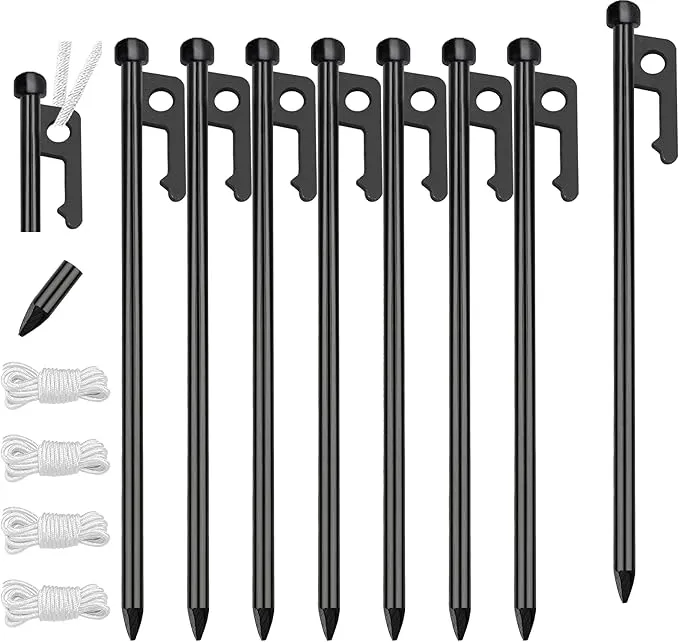 Eurmax USA 10 inch Multiuse Heavy Duty Steel Tent Stakes Tarp Pegs Camping Stakes for Outdoor Camping Canopy and tarp with 4 Ropes 10FT Length,8pcs(Black)
