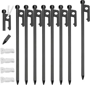 Eurmax USA 10 inch Multiuse Heavy Duty Steel Tent Stakes Tarp Pegs Camping Stakes for Outdoor Camping Canopy and tarp with 4 Ropes 10FT Length,8pcs(Black)