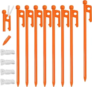 Eurmax USA 10 inch Multiuse Heavy Duty Steel Tent Stakes Tarp Pegs Camping Stakes for Outdoor Camping Canopy and tarp with 4 Ropes 10FT Length,8pcs(Orange)
