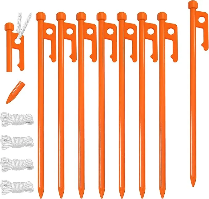 Eurmax USA 10 inch Multiuse Heavy Duty Steel Tent Stakes Tarp Pegs Camping Stakes for Outdoor Camping Canopy and tarp with 4 Ropes 10FT Length,8pcs(Orange)