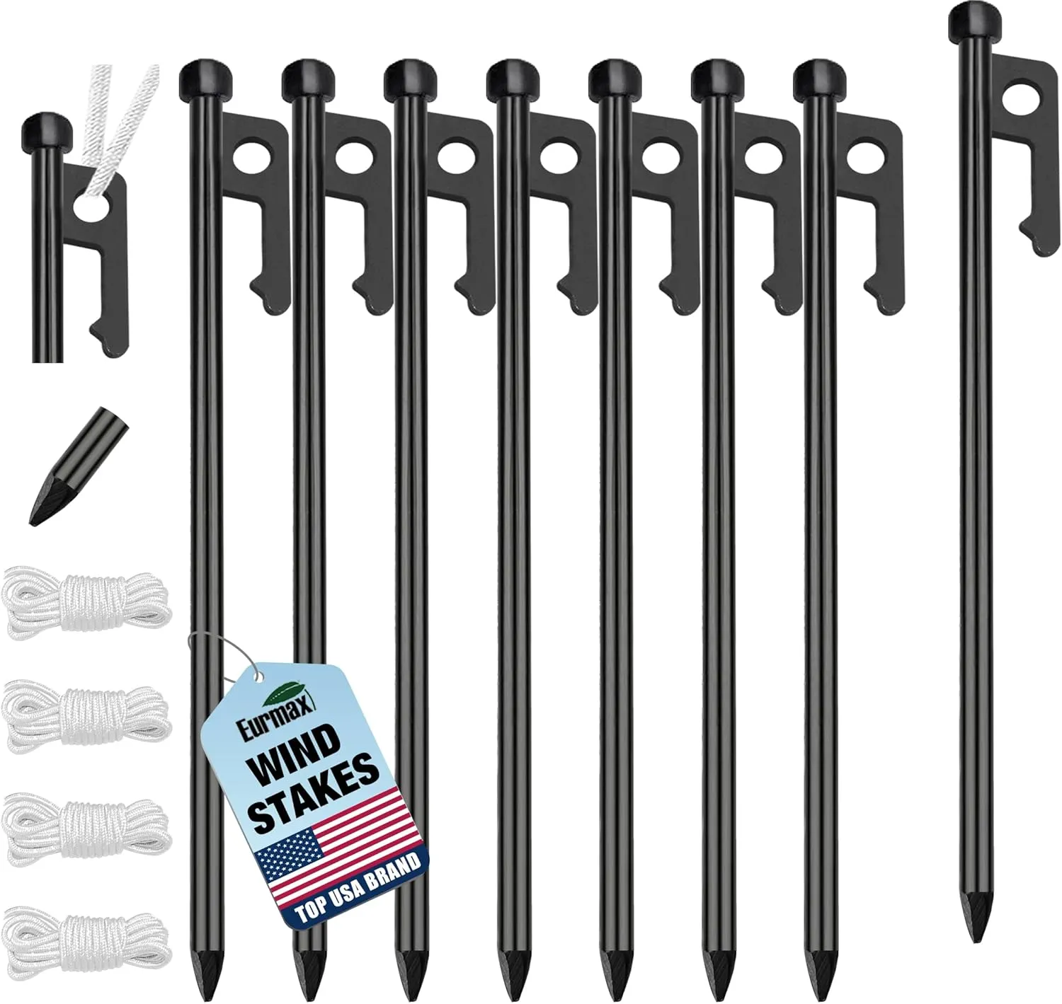 Eurmax USA 10 inch Multiuse Heavy Duty Steel Tent Stakes Tarp Pegs Camping Stakes for Outdoor Camping Canopy and tarp with 4 Ropes 10FT Length