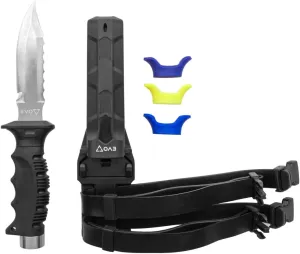 EVO Stainless Steel Dive Knife with Pointed Tip - 5” blade - Serrated Top Edge and Built-in Line Cutter - Disassembles for easy Cleaning - Sheath and two depth compensating Leg Straps Included