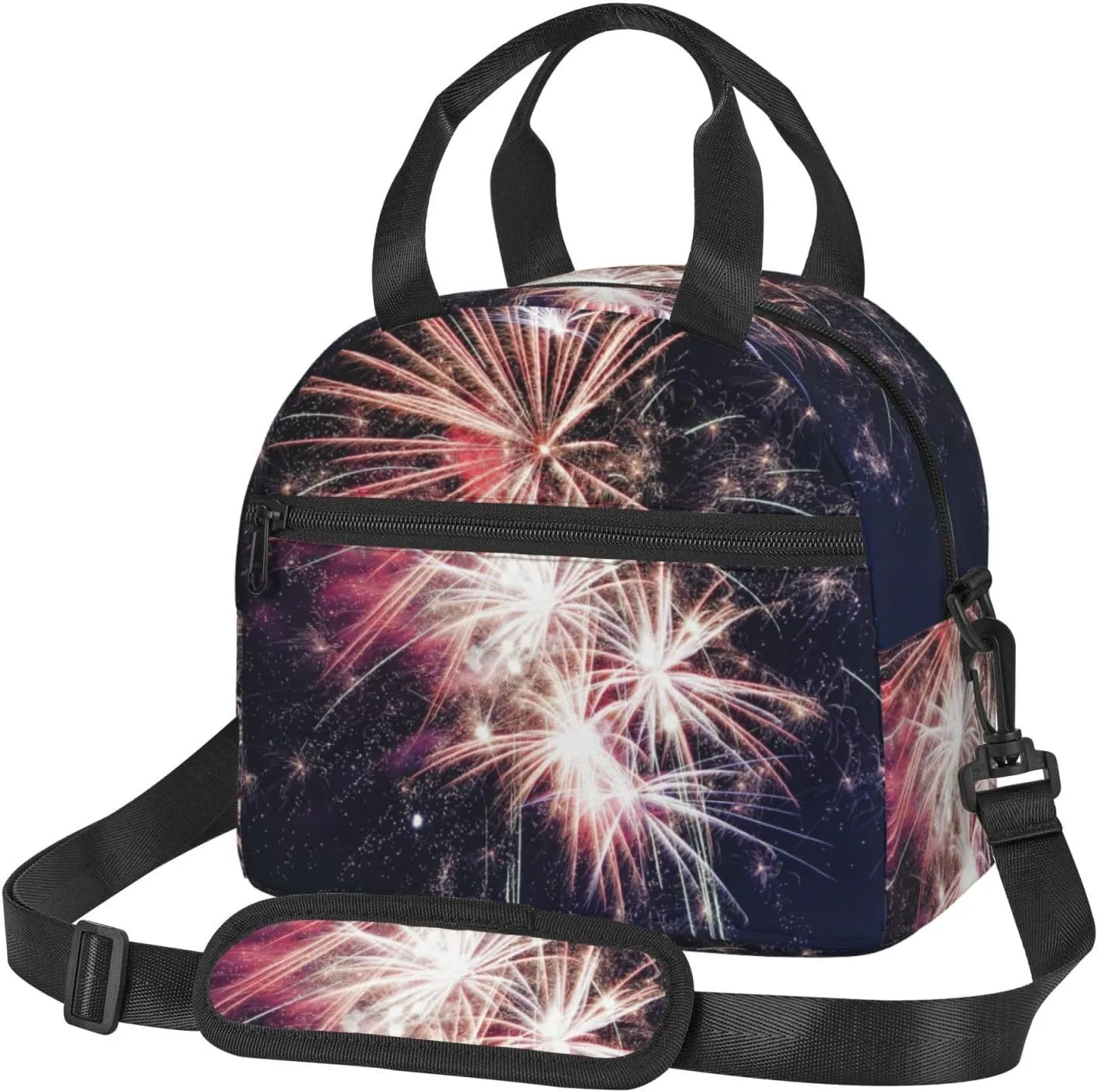 Explosion Firework Print Lunch Bag Tote Reusable Lunch Box Container with Shoulder Strap Work Picnic Adult