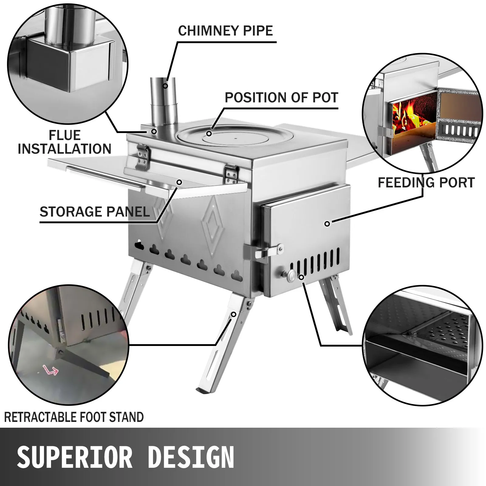 (FINAL PRICES ARE LOWER ON OUR SITE!) VEVOR Tent Wood Stove 17.5x14.7x10.6 inch, Camping Wood Stove 304 Stainless Steel With Folding Pipe, Portable Wood Stove 95.7 inch Total Height For Camping, Tent Heating, Hunting, Outdoor Cooking