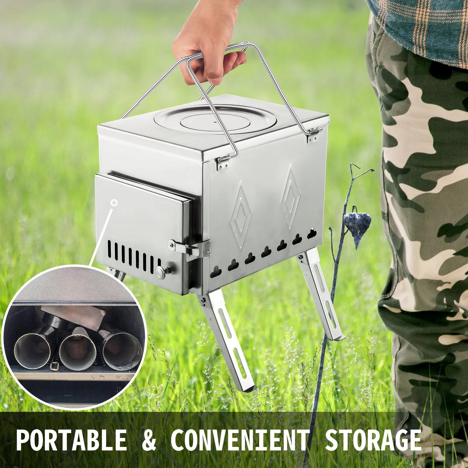 (FINAL PRICES ARE LOWER ON OUR SITE!) VEVOR Tent Wood Stove 17.5x14.7x10.6 inch, Camping Wood Stove 304 Stainless Steel With Folding Pipe, Portable Wood Stove 95.7 inch Total Height For Camping, Tent Heating, Hunting, Outdoor Cooking