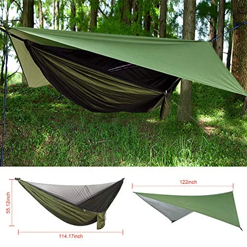 FIRINER Camping Hammock with Rainfly Tarp and Mosquito Net Portable Single Double Hammock Tent with Tree Strap Outdoor Hammock Set for Backpacking Hiking Travel Yard Activities Green