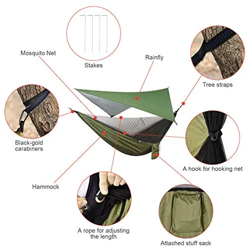 FIRINER Camping Hammock with Rainfly Tarp and Mosquito Net Portable Single Double Hammock Tent with Tree Strap Outdoor Hammock Set for Backpacking Hiking Travel Yard Activities Green