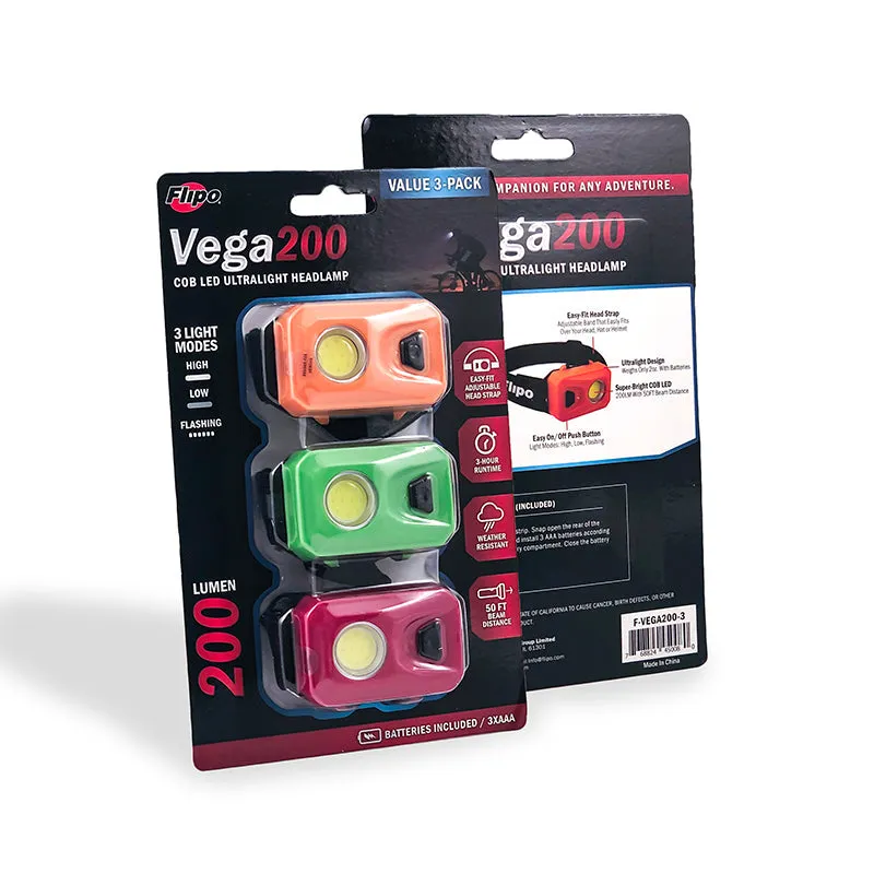 Flipo Vega 200 COB LED Ultralight Headlamps Pack of 3
