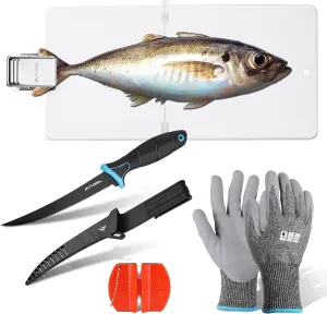 FLISSA 4-Piece Fish Fillet Set, Cleaning Kit - 7" Fillet Knife, Foldable Fish Board with Clamp, Knife Sharpener and Cut Resistant Gloves, Suitable for Easy Cleaning, Filleting and Cutting