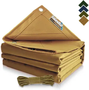 FoundGo 6x8ft Canvas Tarp 22 Mil Tarps 14 oz Canvas Tarpaulin Heavy Duty Cloth Water/UV Resistant Cover with Rustproof Grommets & Ropes for Cars,Roofs,Boats,Camps,Sunshades，Moisture Barrier -Tan