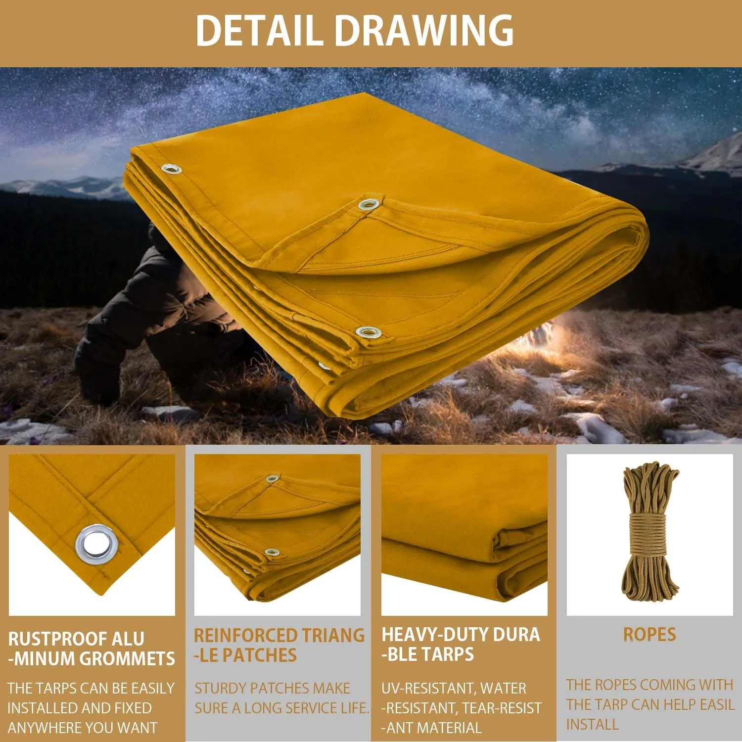 FoundGo 6x8ft Canvas Tarp 22 Mil Tarps 14 oz Canvas Tarpaulin Heavy Duty Cloth Water/UV Resistant Cover with Rustproof Grommets & Ropes for Cars,Roofs,Boats,Camps,Sunshades，Moisture Barrier -Tan
