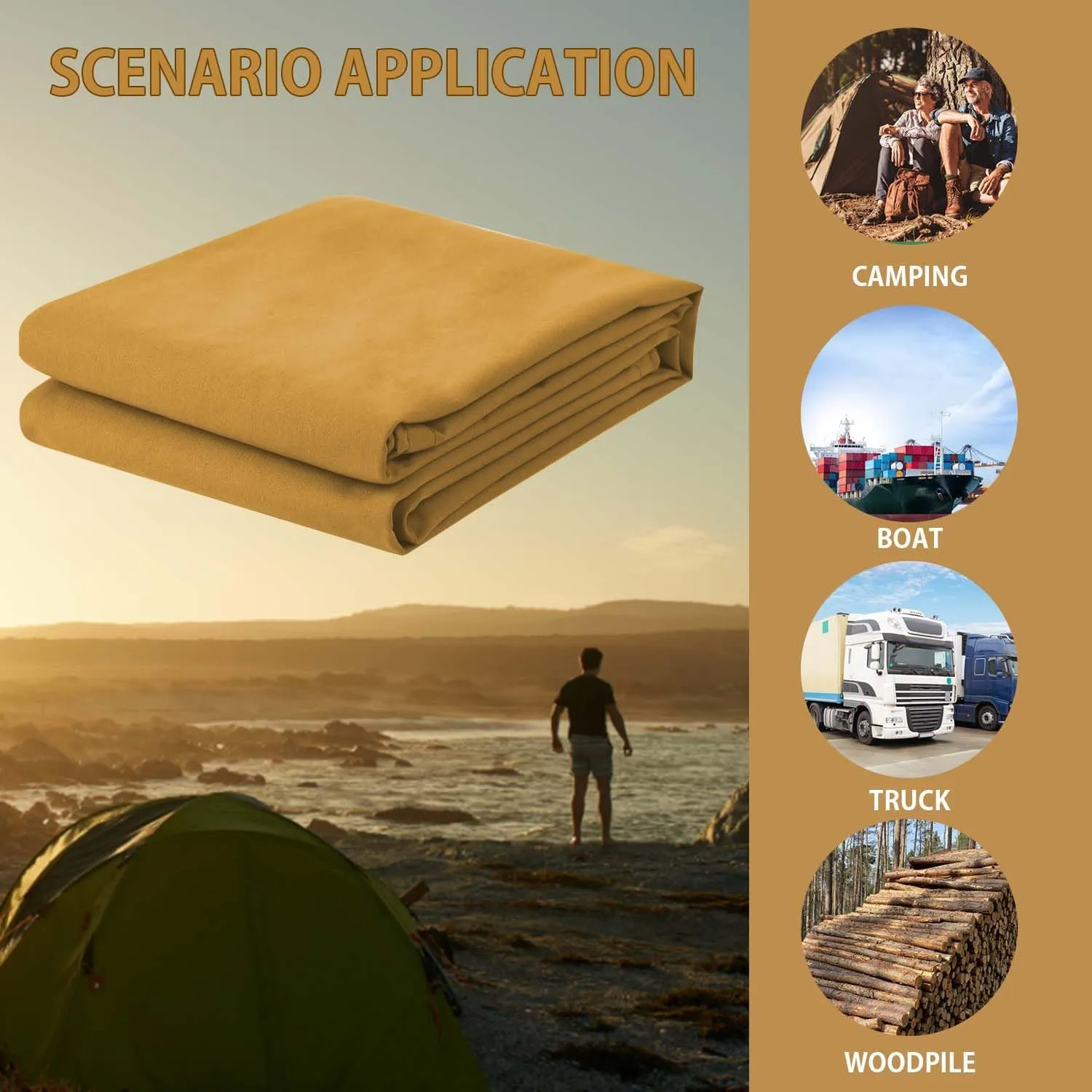 FoundGo 6x8ft Canvas Tarp 22 Mil Tarps 14 oz Canvas Tarpaulin Heavy Duty Cloth Water/UV Resistant Cover with Rustproof Grommets & Ropes for Cars,Roofs,Boats,Camps,Sunshades，Moisture Barrier -Tan