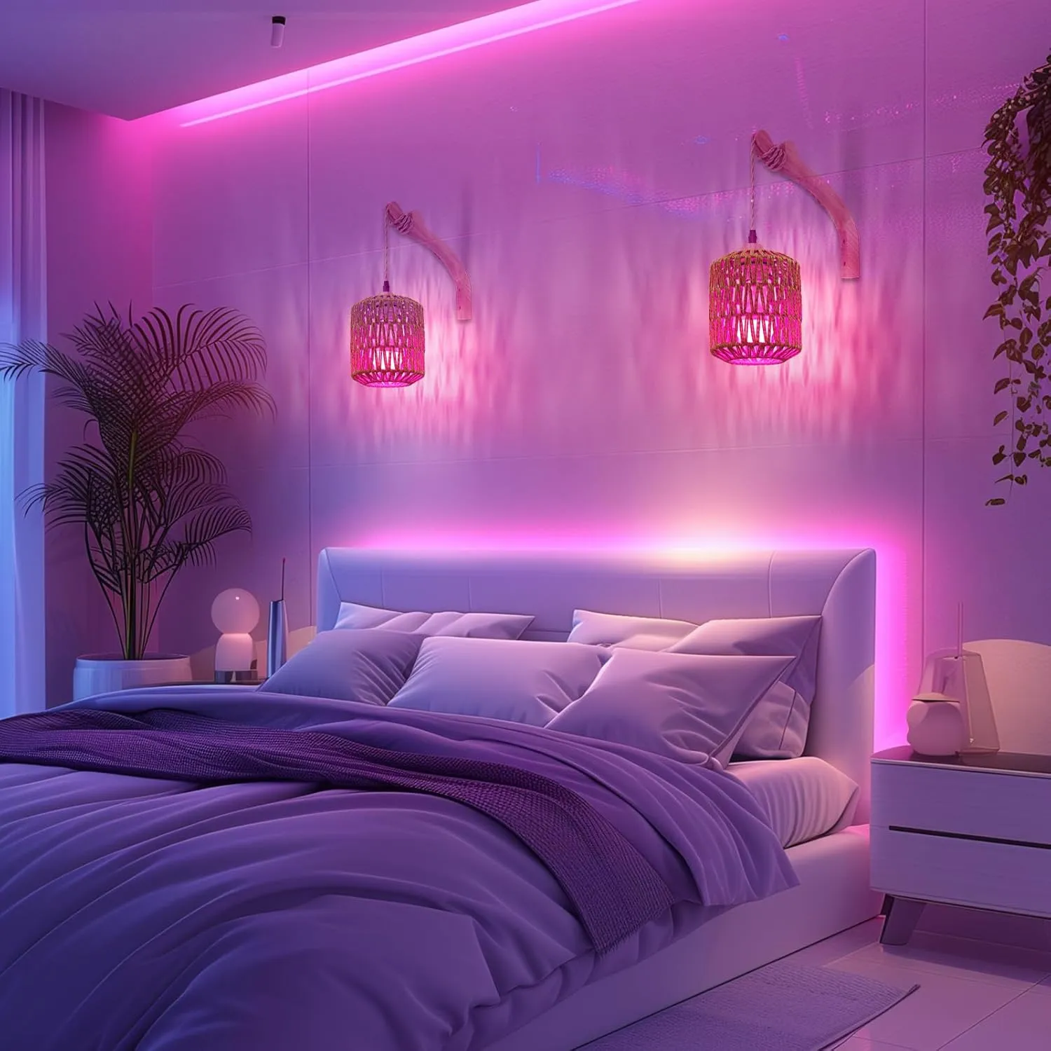 Frideko Boho Rechargeable Wall Sconces Set of Two with Remote, RGB 15 Colors Dimmable Battery Operated Wall Light, Indoor Wireless Wall Lamp with 3 Timer, Farmhouse Rattan Wall Lighting for Bedroom