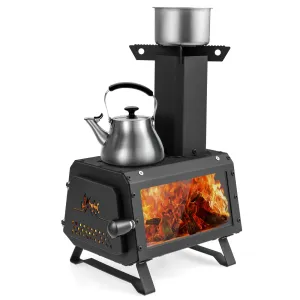 Giantex Portable Camping Wood Stove - Mini Wood Burning Stove w/ 2 Cooking Positions, Anti-scalding Door Handle & Heat Resistant Glass Window, Tabletop Fire Pit Stove for Outdoor Cooking & Heating