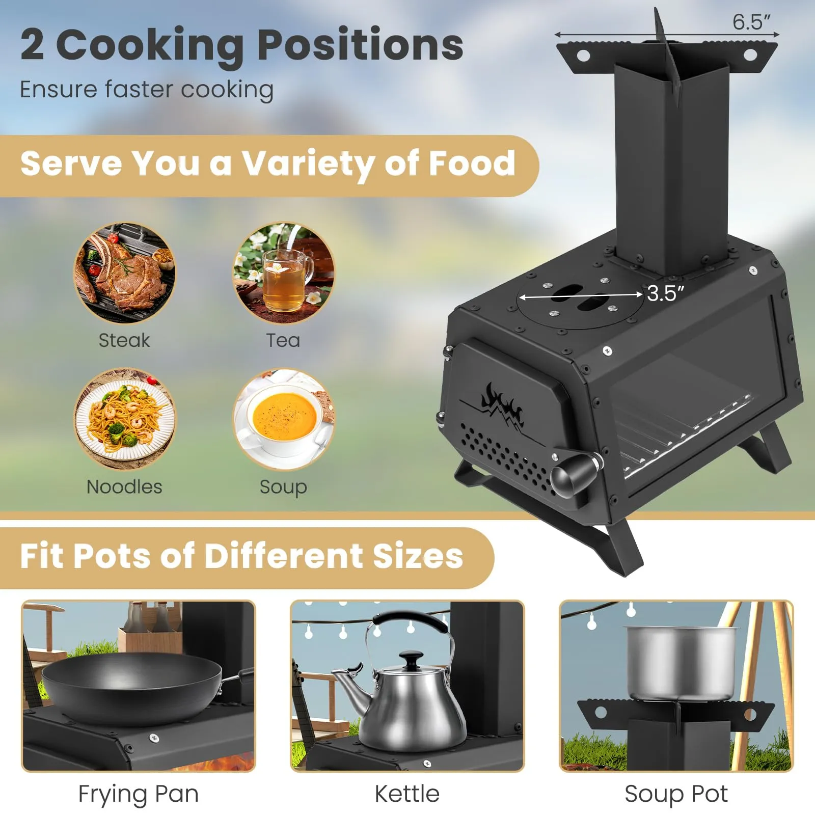 Giantex Portable Camping Wood Stove - Mini Wood Burning Stove w/ 2 Cooking Positions, Anti-scalding Door Handle & Heat Resistant Glass Window, Tabletop Fire Pit Stove for Outdoor Cooking & Heating