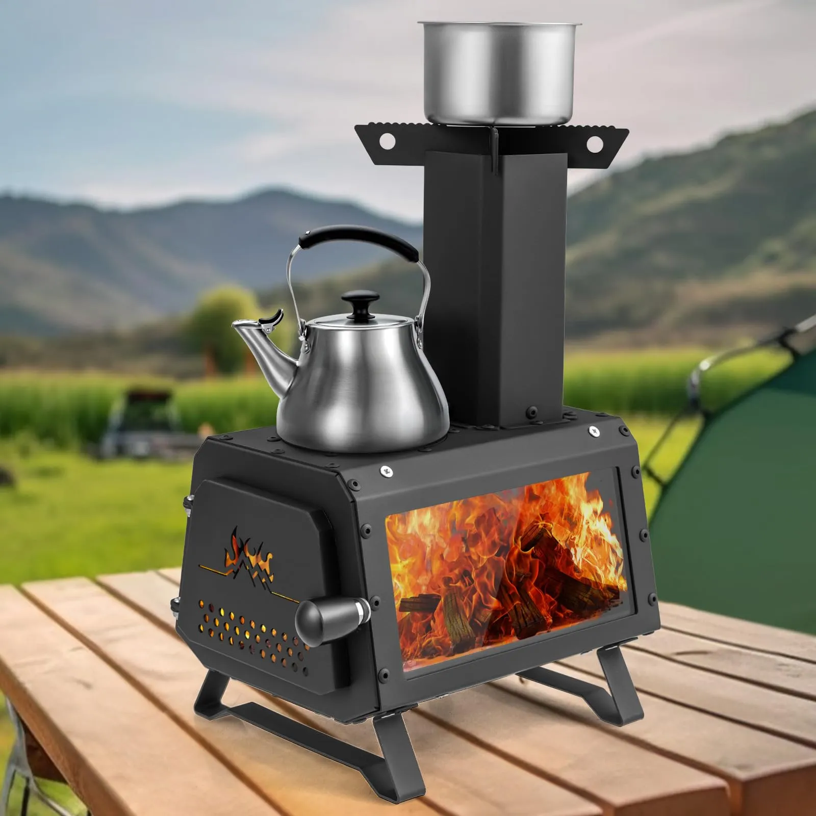 Giantex Portable Camping Wood Stove - Mini Wood Burning Stove w/ 2 Cooking Positions, Anti-scalding Door Handle & Heat Resistant Glass Window, Tabletop Fire Pit Stove for Outdoor Cooking & Heating