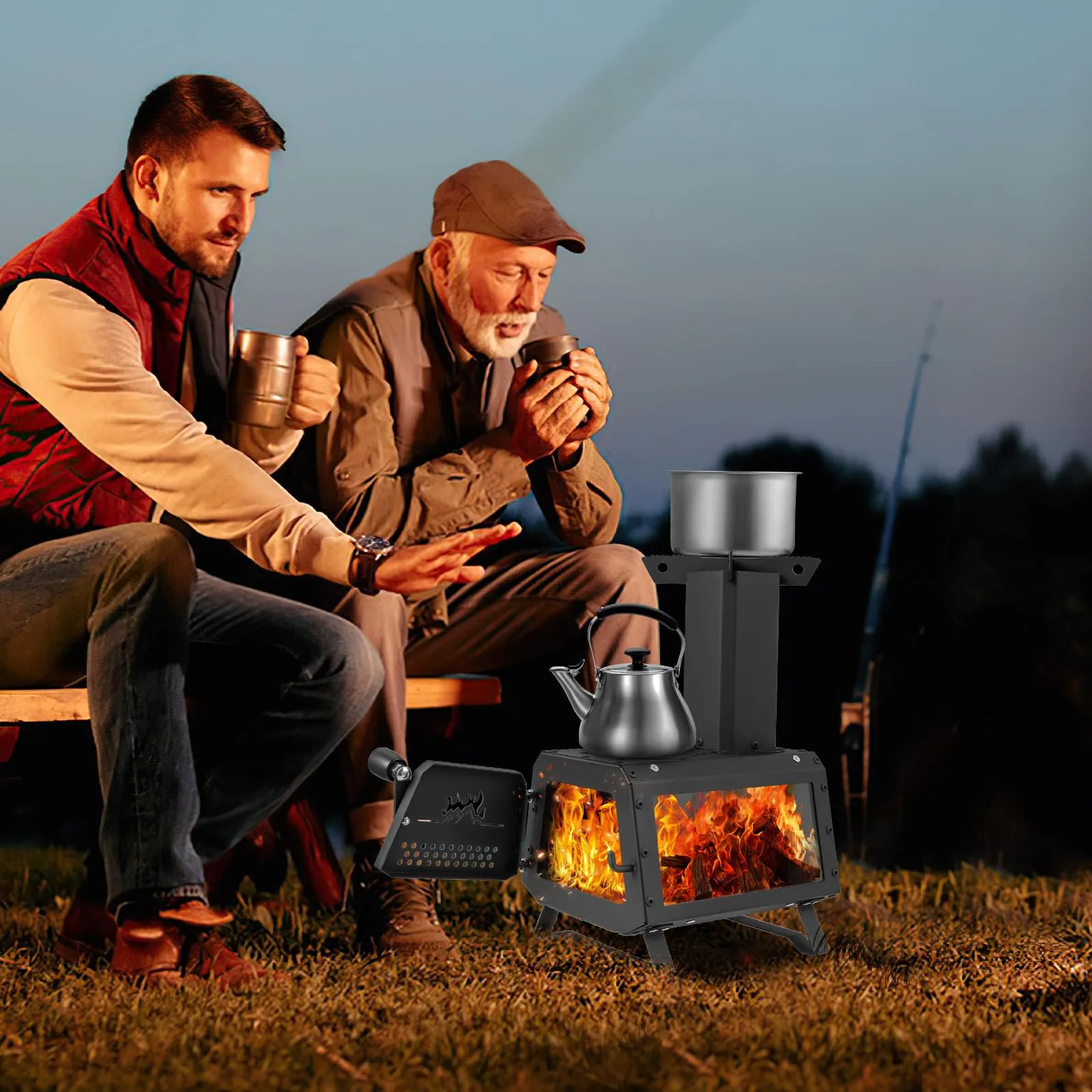 Giantex Portable Camping Wood Stove - Mini Wood Burning Stove w/ 2 Cooking Positions, Anti-scalding Door Handle & Heat Resistant Glass Window, Tabletop Fire Pit Stove for Outdoor Cooking & Heating