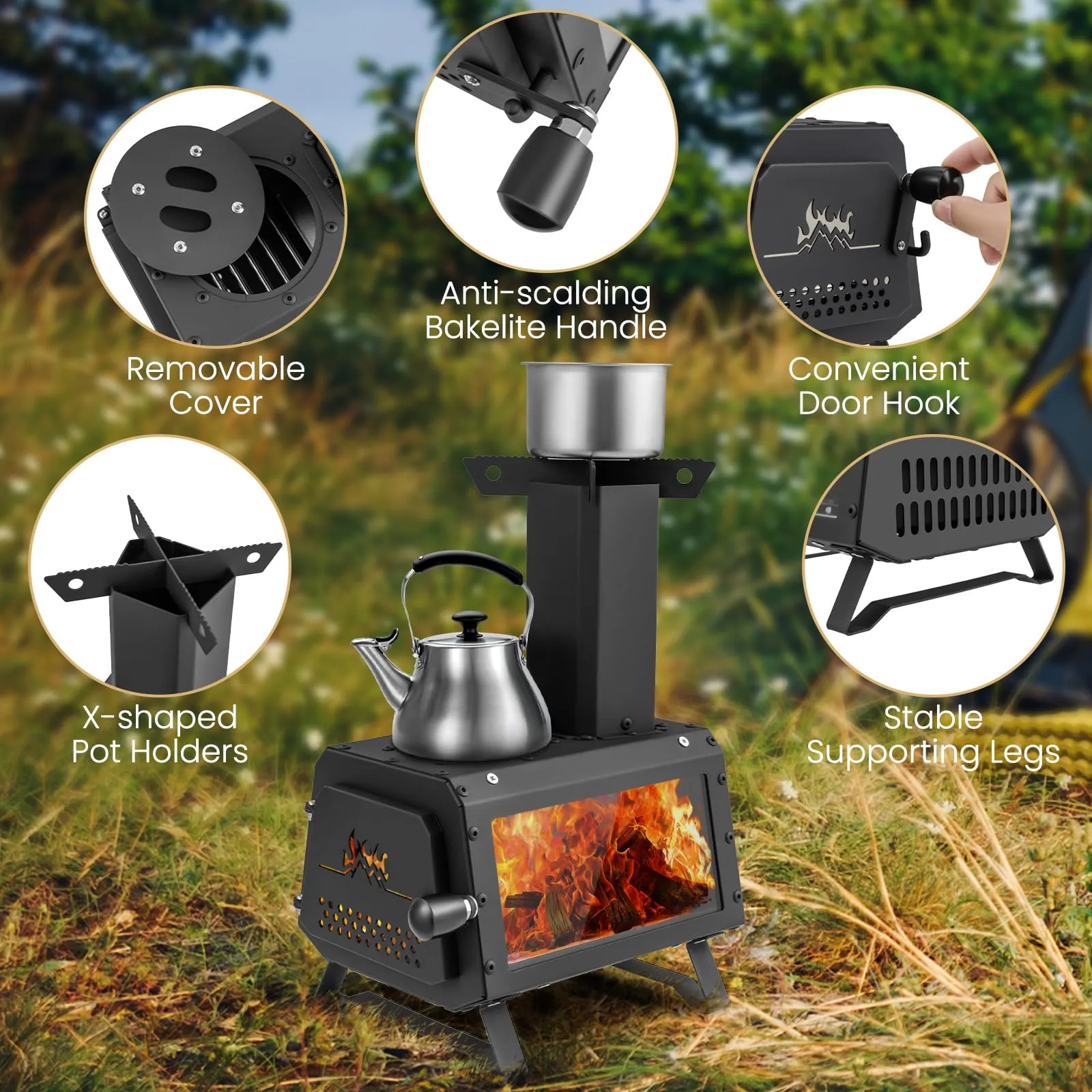 Giantex Portable Camping Wood Stove - Mini Wood Burning Stove w/ 2 Cooking Positions, Anti-scalding Door Handle & Heat Resistant Glass Window, Tabletop Fire Pit Stove for Outdoor Cooking & Heating