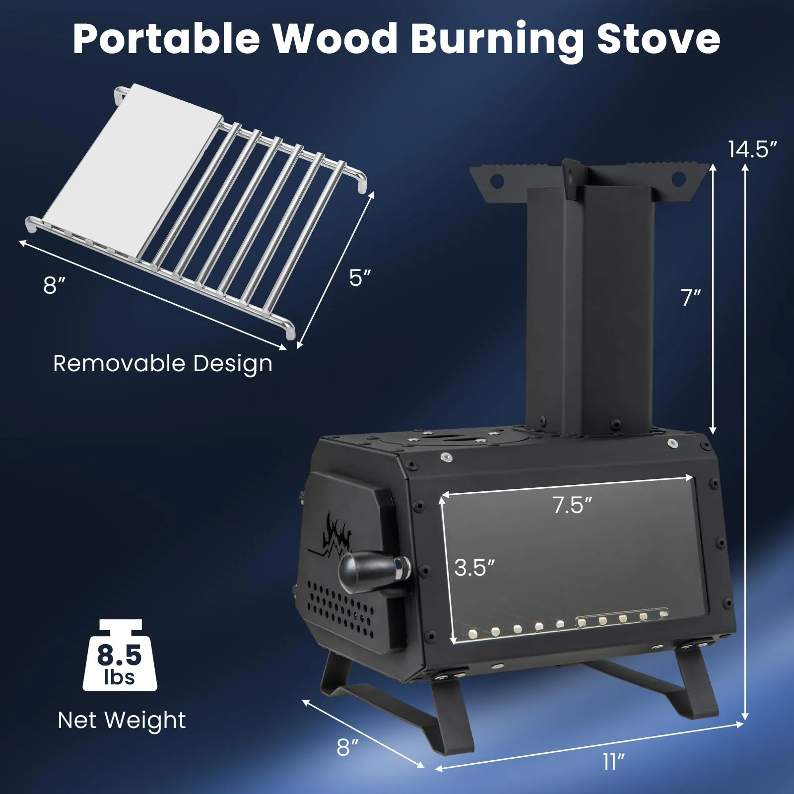 Giantex Portable Camping Wood Stove - Mini Wood Burning Stove w/ 2 Cooking Positions, Anti-scalding Door Handle & Heat Resistant Glass Window, Tabletop Fire Pit Stove for Outdoor Cooking & Heating