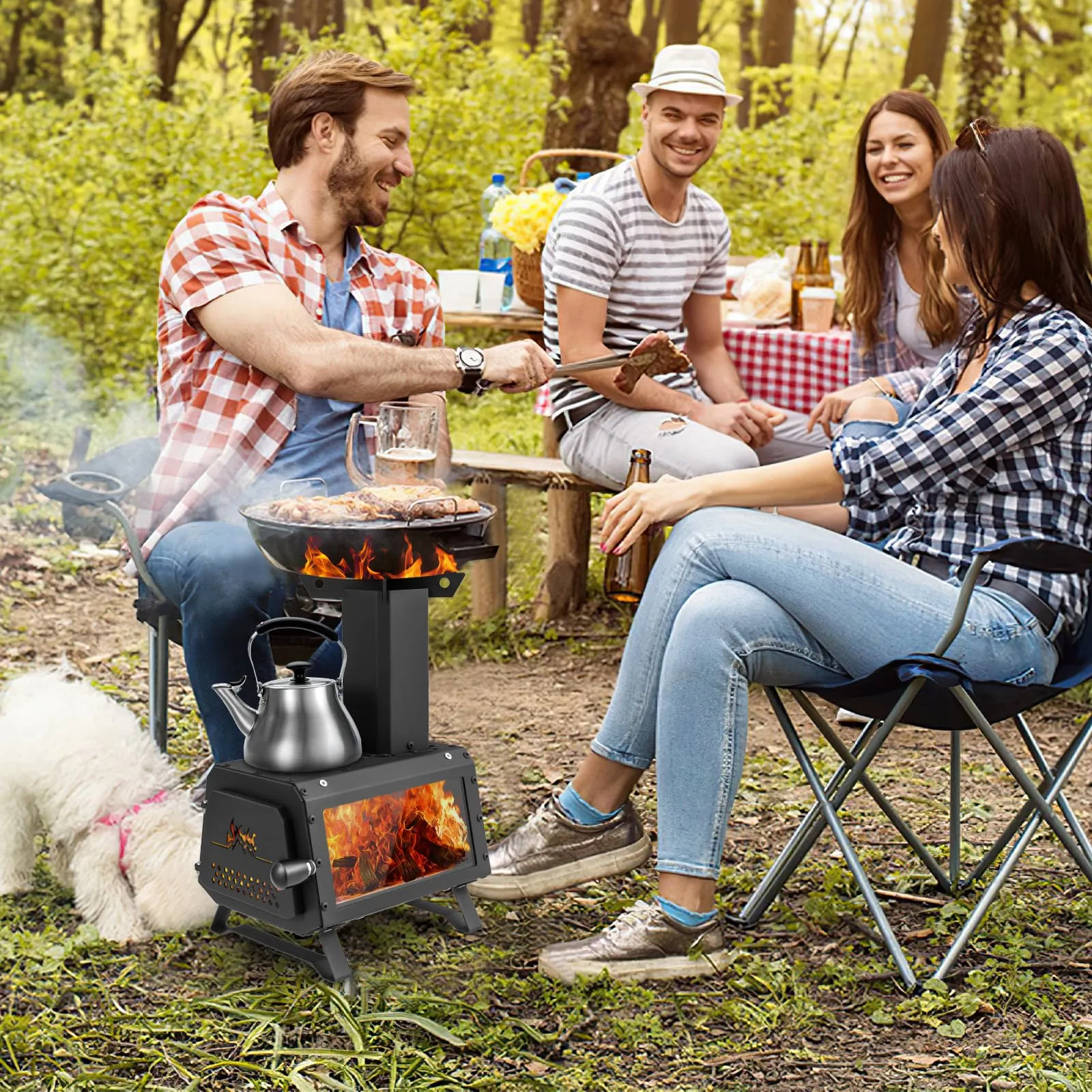 Giantex Portable Camping Wood Stove - Mini Wood Burning Stove w/ 2 Cooking Positions, Anti-scalding Door Handle & Heat Resistant Glass Window, Tabletop Fire Pit Stove for Outdoor Cooking & Heating
