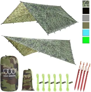 Gold Armour Rainfly Tarp Hammock, Premium 14.7ft/12ft/10ft/8ft Rain Fly Cover, Waterproof Ultralight Camping Shelter Canopy, Survival Equipment Gear Camping Tent Accessories (Camouflage 10ft x 8ft)