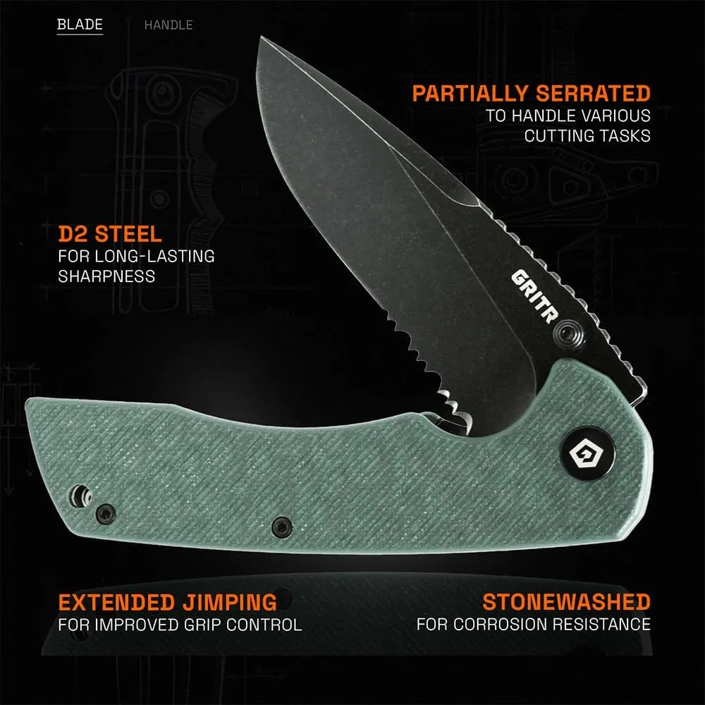 GRITR Stealth Folding Pocket Knife w/ 3.5" Partially Serrated D2 Steel Blade & Stonewashed Finish - Flipper Knife for Military, Hunting, Camping, Hiking - EDC Utility Pocket Knife for Women & Men