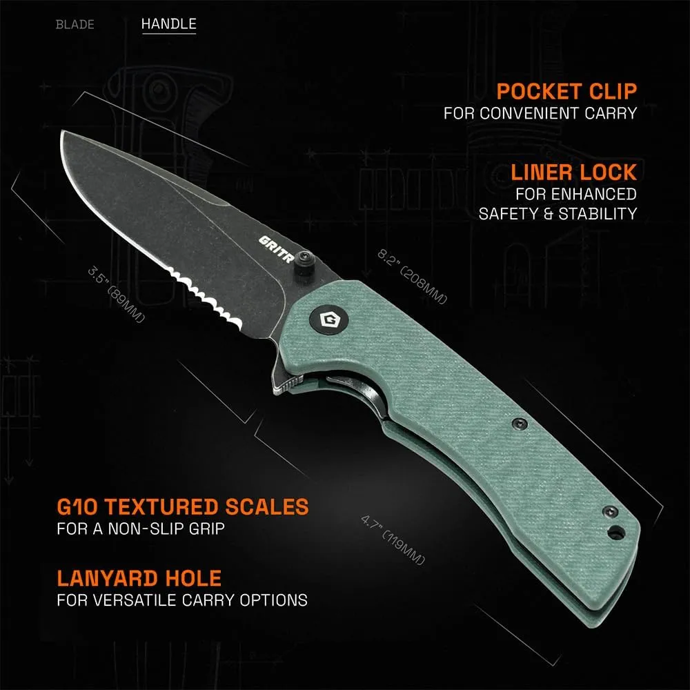 GRITR Stealth Folding Pocket Knife w/ 3.5" Partially Serrated D2 Steel Blade & Stonewashed Finish - Flipper Knife for Military, Hunting, Camping, Hiking - EDC Utility Pocket Knife for Women & Men