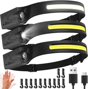 Headlamp 3PCS, 230° Wide Beam Head Lamp, Motion Sensor LED Headlamp Rechargeable, 6Mode Headlamps for Adults, Bright Head Lights for Forehead, Camping Essentials Gear (Black)