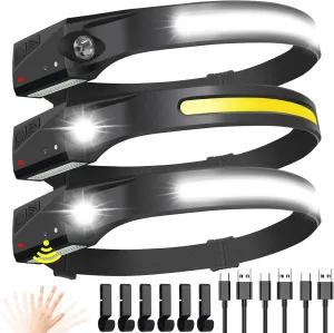 Headlamp Flashlight, 3 Pack Rechargeable LED Headlamps Wide Beam Head Lamp Bright Sensor Headlight Light