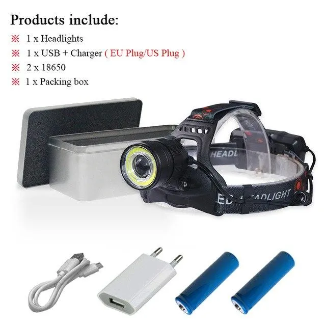 Headlamp LED usb xml t6 cob zoom Headlight Camping Head Torch waterproof Head Lantern Lamp linterna frontal 18650 battery