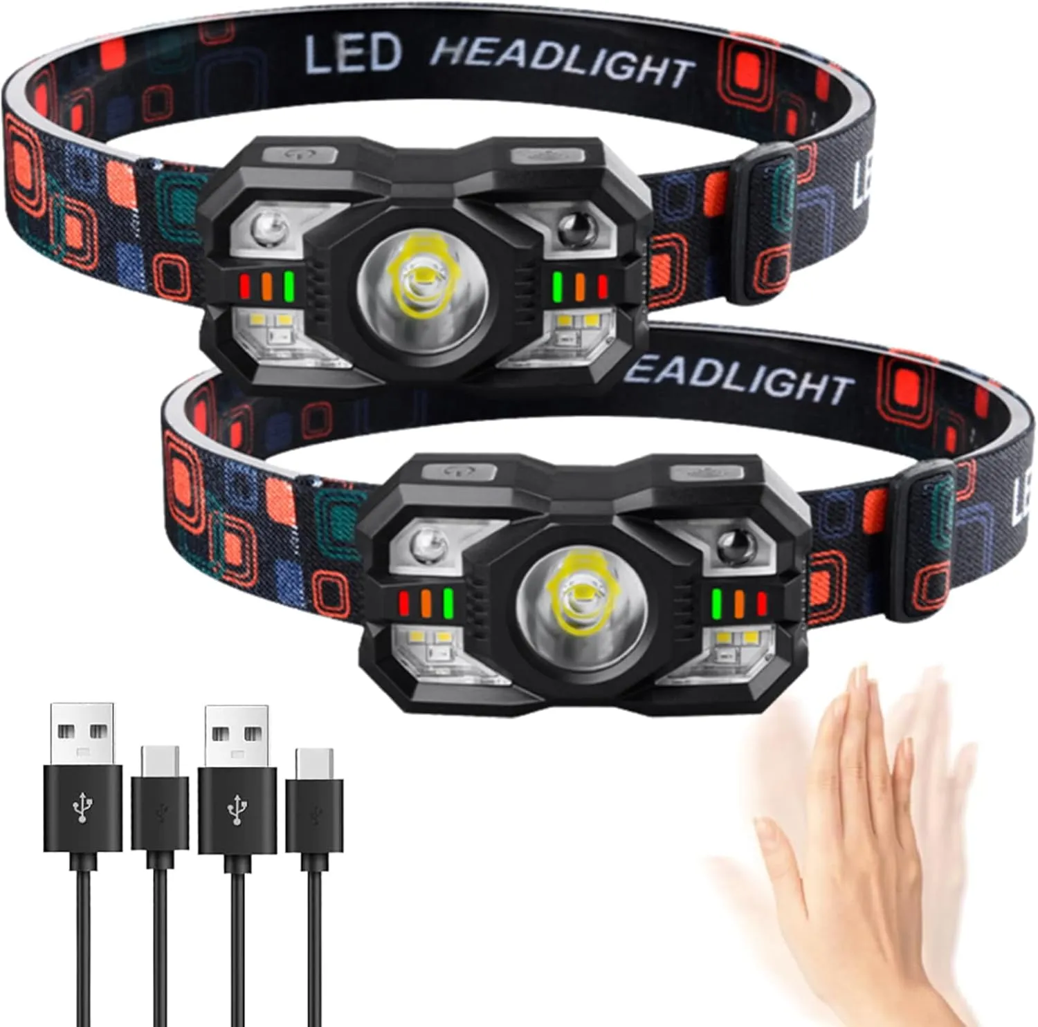 Headlamp Rechargeable 2-Pack, LED Lightweight Adult headlamps，1000 Lumen Headlight Head，with Red LED Headlight Motion Sensor，Head Lights for Forehead Running Outdoor Cycling Camping Fishing