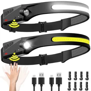 Headlamp Rechargeable 2PCS, 230° Wide Beam Head Lamp LED with Motion Sensor for Adults - Camping Accessories Gear, Waterproof.