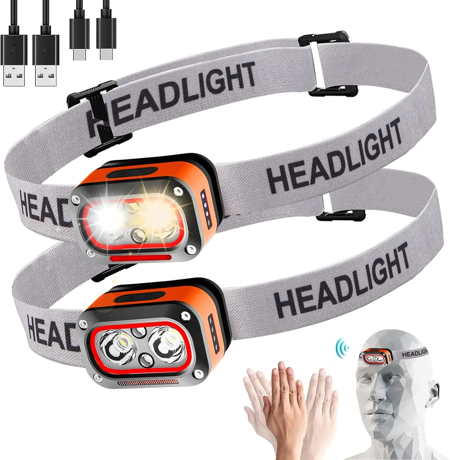 Headlamp Rechargeable 2PCS,Super Bright Head Lights for Forehead,5 Modes Waterproof Motion Sensor Head Lamp,Headlamp Flashlight,LED Rechargeable Headlight for Running,Fishing,Hiking,Camping