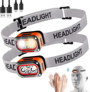 Headlamp Rechargeable 2PCS,Super Bright Head Lights for Forehead,5 Modes Waterproof Motion Sensor Head Lamp,Headlamp Flashlight,LED Rechargeable Headlight for Running,Fishing,Hiking,Camping
