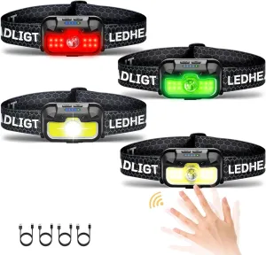 Headlamp Rechargeable, 4 Pack 1300 Lumen Ultra-Light Bright Head Lamp with White Red Green, 14 Modes Adjustable Waterproof Motion Sensor Headlight for Outdoor Camping Running Cycling Hiking