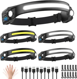 Headlamp Rechargeable 5Pack, 230° Wide Beam Head Lamp with 2 Spotlights, LED Headlamp with Motion Sensor, 5Mode Rechargeable Headlamp, Head Lights for Forehead, Headlamps for Adults Running Hard Hat