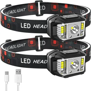 Headlamp Rechargeable, JNDFOFC High Lumen Super Bright Motion Sensor LED Head Lamp flashlight, 2 PACK Waterproof Headlight with White Red Light,14 Modes Head Lights for Outdoor Camping Fishing Running