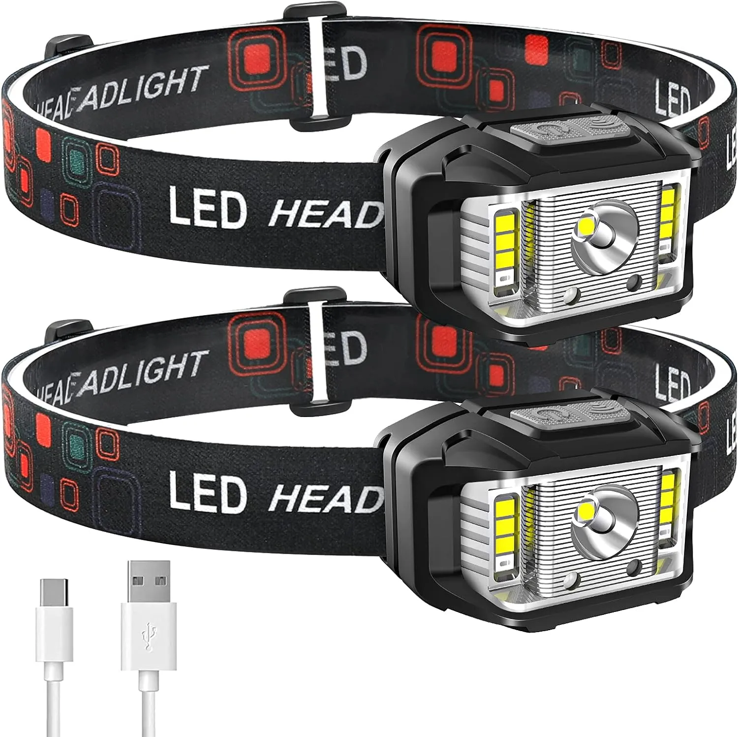 Headlamp Rechargeable, JNDFOFC High Lumen Super Bright Motion Sensor LED Head Lamp flashlight, 2 PACK Waterproof Headlight with White Red Light,14 Modes Head Lights for Outdoor Camping Fishing Running