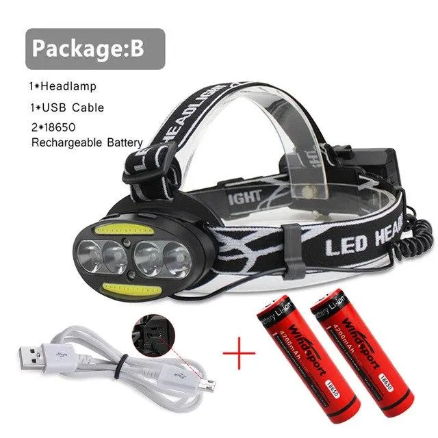 Headlight 30000lm LED Headlamp 4* T6  2*COB 2*Red LED Head Lamp Flashlight Torch Lanterna USB with 18650 Rechargeable Battery