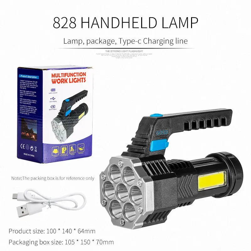 High Power LED Camping Torch - Rechargeable Hand Lantern with 7 Lamp Beads and COB Side Light