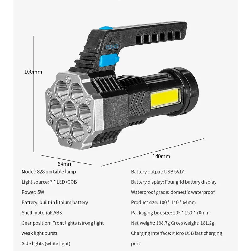 High Power LED Camping Torch - Rechargeable Hand Lantern with 7 Lamp Beads and COB Side Light