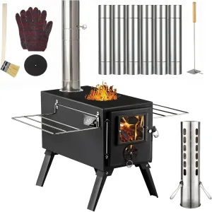 Hot Tent Stove, Wood Burning Stove, Portable Wood Stove with 6 Stainless Chimney Pipes for Outdoor Heating & Cooking, Ice Fishing, Hunting