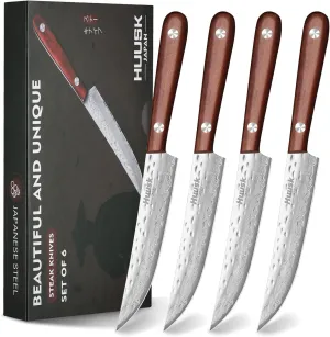 Huusk Knife Set, Steak Knives Set of 4, Japanese Steel Kitchen Steak Knives 4.9 Inch With Wood Handle, Non-serrated Meat Knife with Damascus Pattern, Full Tang Dinner Knife With Gift Box