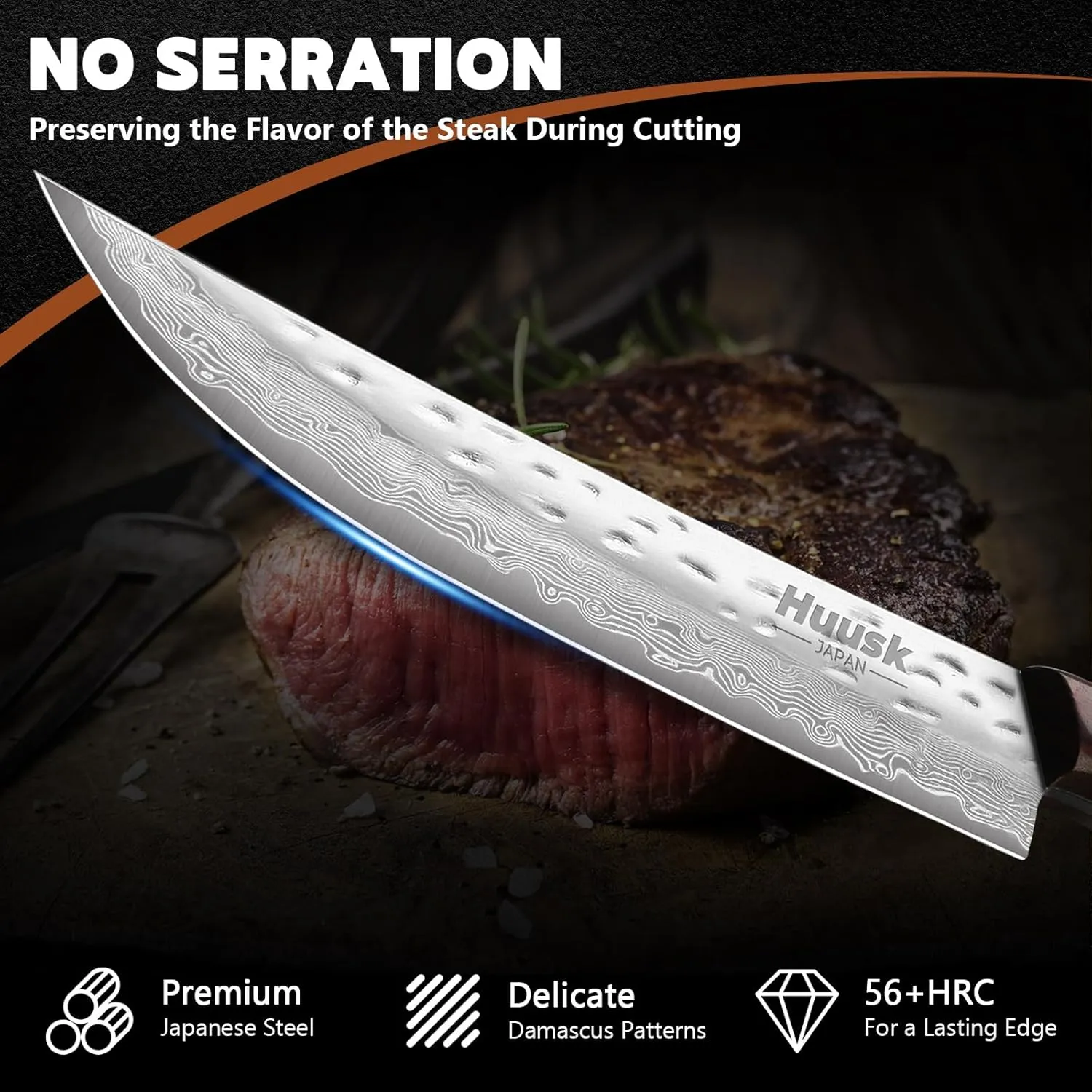 Huusk Knife Set, Steak Knives Set of 4, Japanese Steel Kitchen Steak Knives 4.9 Inch With Wood Handle, Non-serrated Meat Knife with Damascus Pattern, Full Tang Dinner Knife With Gift Box