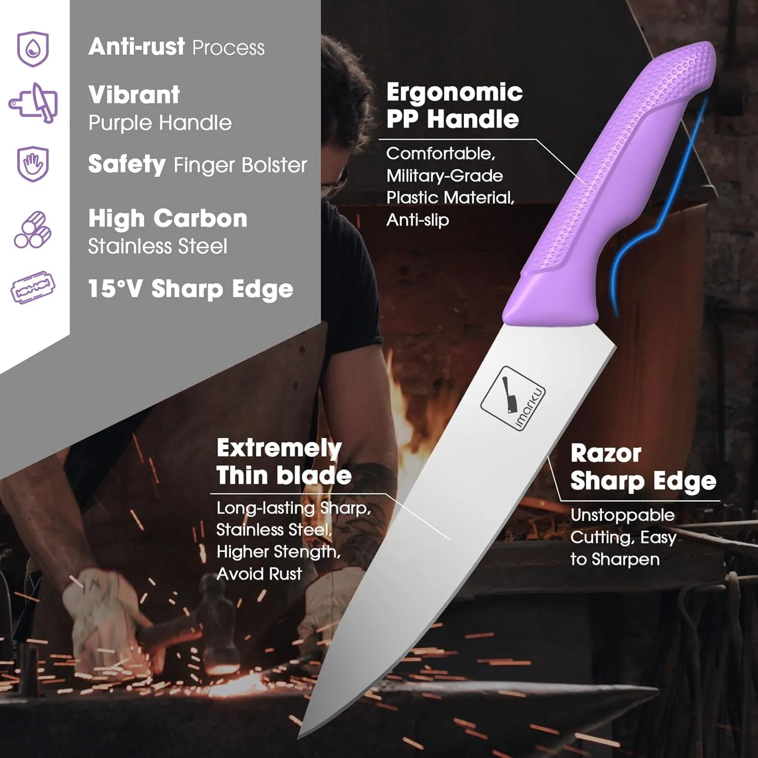 imarku Kitchen Knife Set, Sharp Knives Set with Built-in Sharpener, Stainless Steel Block Knife Set and Non-Slip Ergonomic Handle, Dishwasher Safe, 14 PCS Professional Knife Set for Gift, Lavender