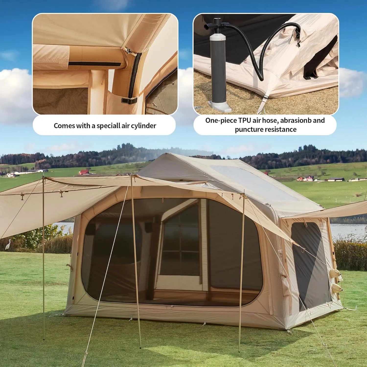 Inflatable Camping Tent, 2/4/6/8 Person Glamping Inflatable Tents for Camping, 2025 Update Zipper Door Easy Setup Blow Up Tents Big House with Rainfly&Mosquito Screen, 4 Season