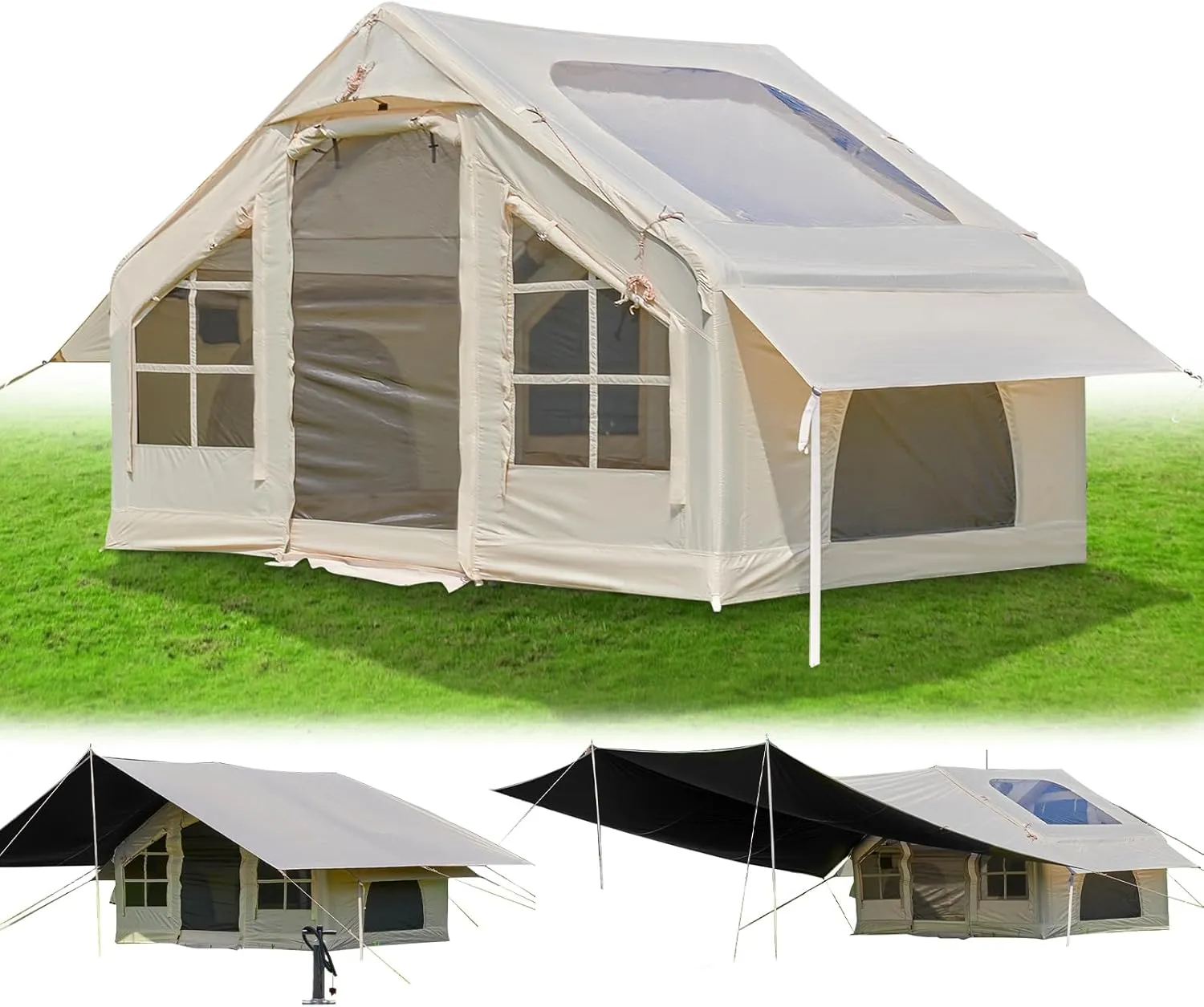 Inflatable Camping Tent, 2/4/6/8 Person Glamping Inflatable Tents for Camping, 2025 Update Zipper Door Easy Setup Blow Up Tents Big House with Rainfly&Mosquito Screen, 4 Season