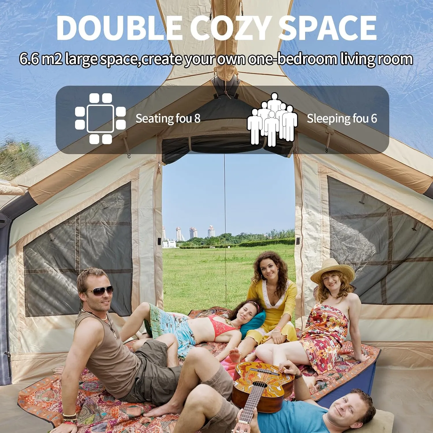 Inflatable Camping Tent, 2/4/6/8 Person Glamping Inflatable Tents for Camping, 2025 Update Zipper Door Easy Setup Blow Up Tents Big House with Rainfly&Mosquito Screen, 4 Season