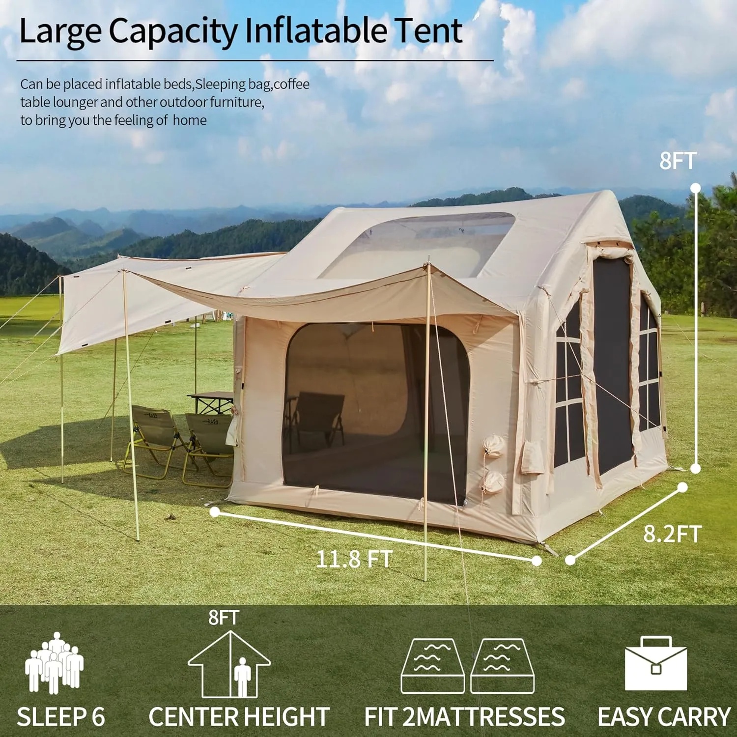 Inflatable Camping Tent, 2/4/6/8 Person Glamping Inflatable Tents for Camping, 2025 Update Zipper Door Easy Setup Blow Up Tents Big House with Rainfly&Mosquito Screen, 4 Season